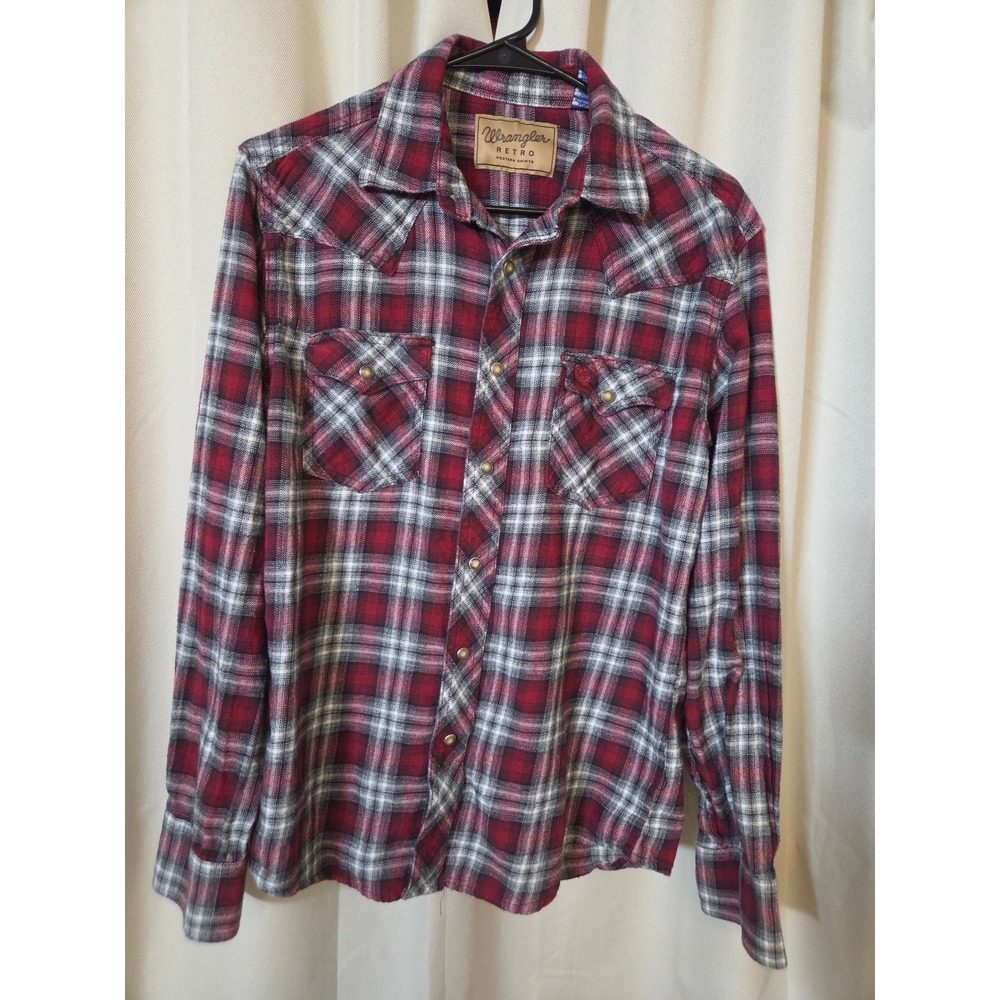 Wrangler Retro Mens Red Black Plaid Flannel Western Pearl Snap Shirt Medium
